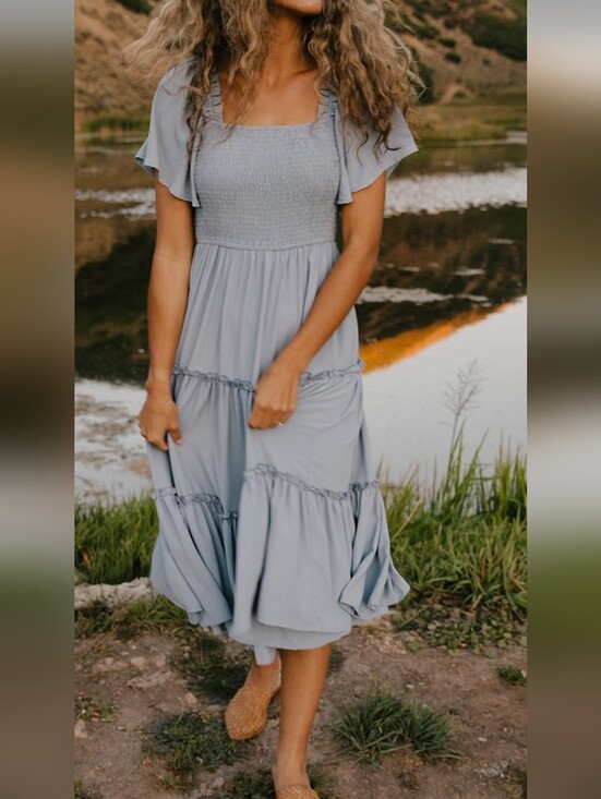 Ivy City Co Dresses & Skirts - IVY CITY Co Smocked Bodice Flutter Sleeve Midi Dress  Light Gray Size S